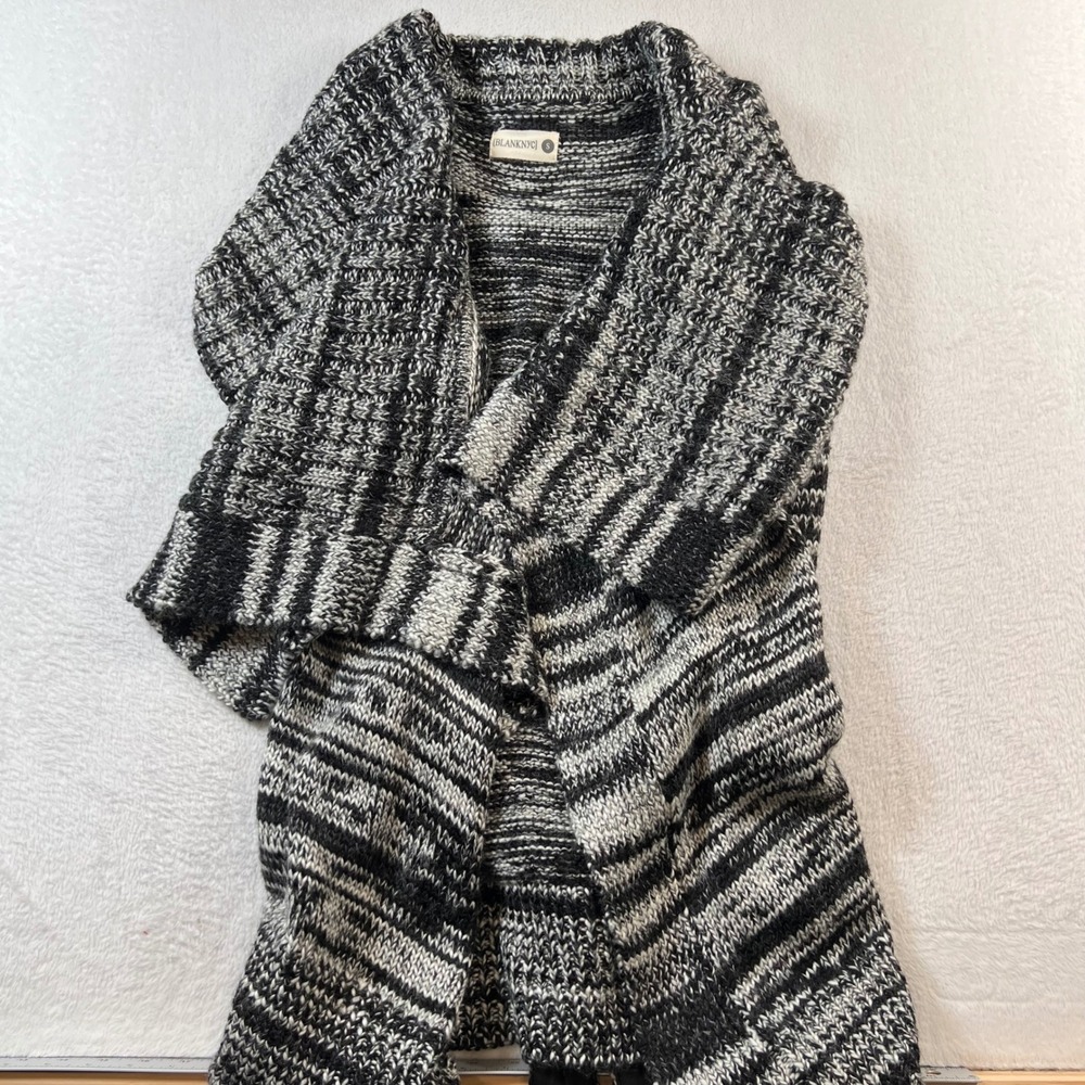 Blank NYC Black White Space Dye Knit Open Front Cardigan Shawl Collar Small